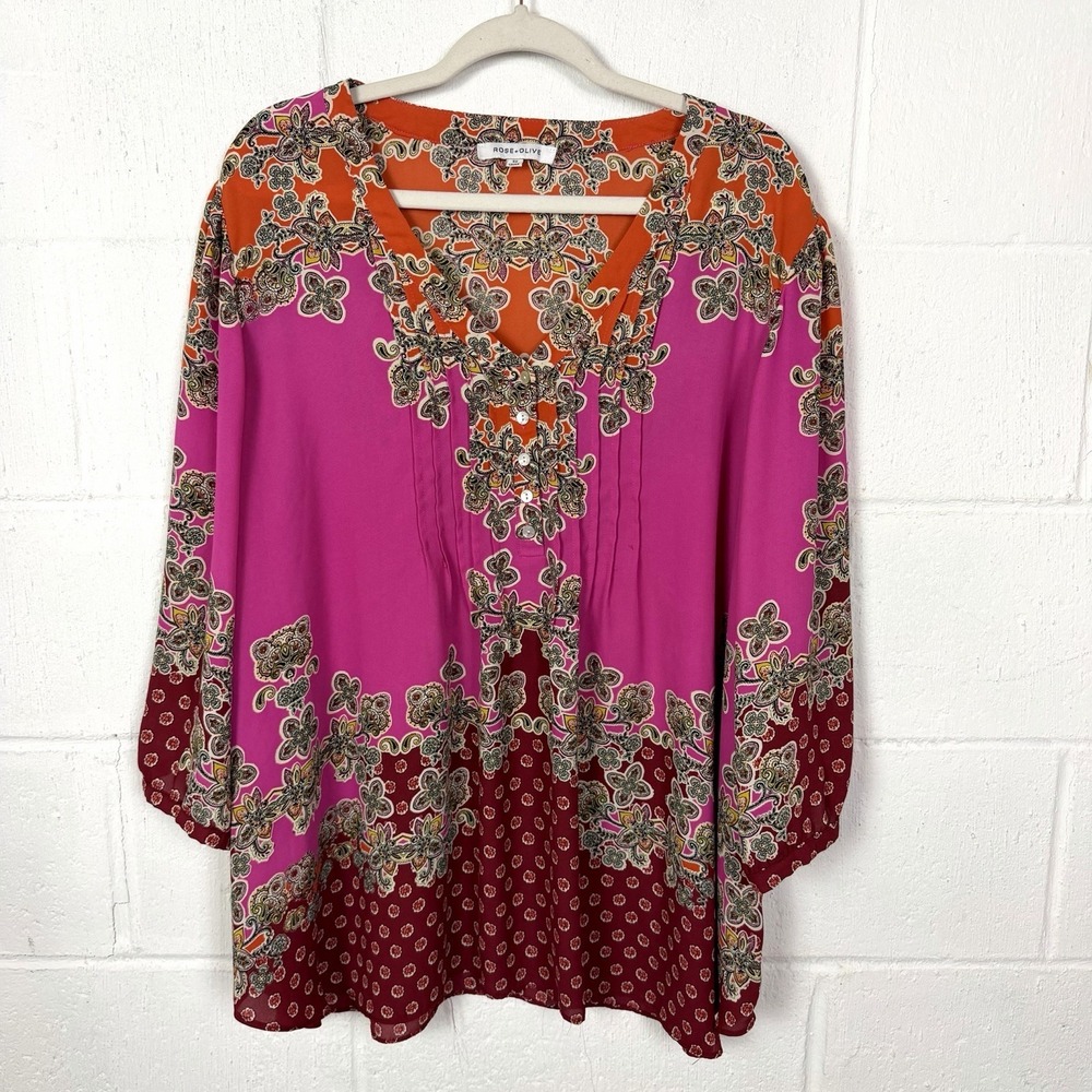 Rose & Olive BoHo Popover Tunic Plus Size‎ 3X Floral Colorful Maximalist Gypsy